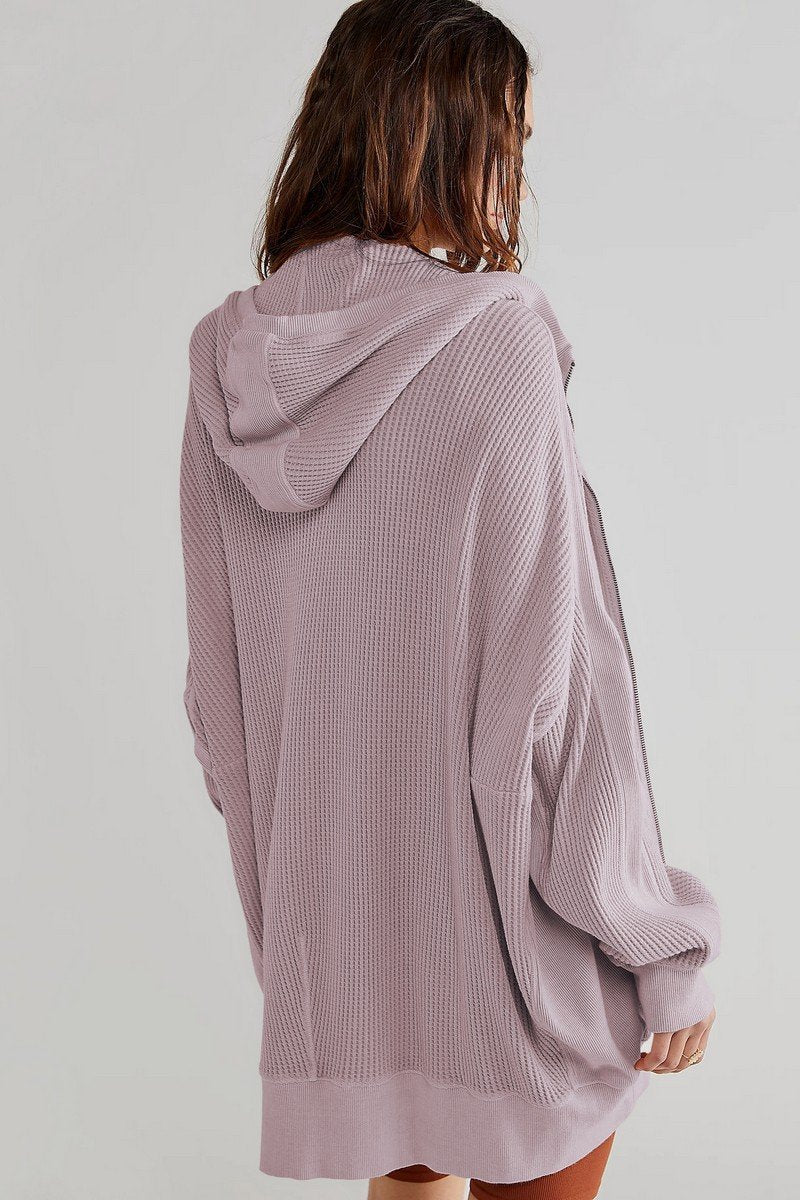 WOMEN OVERSIZED LOOSE ZIP UP KNIT HOODIE JACKET