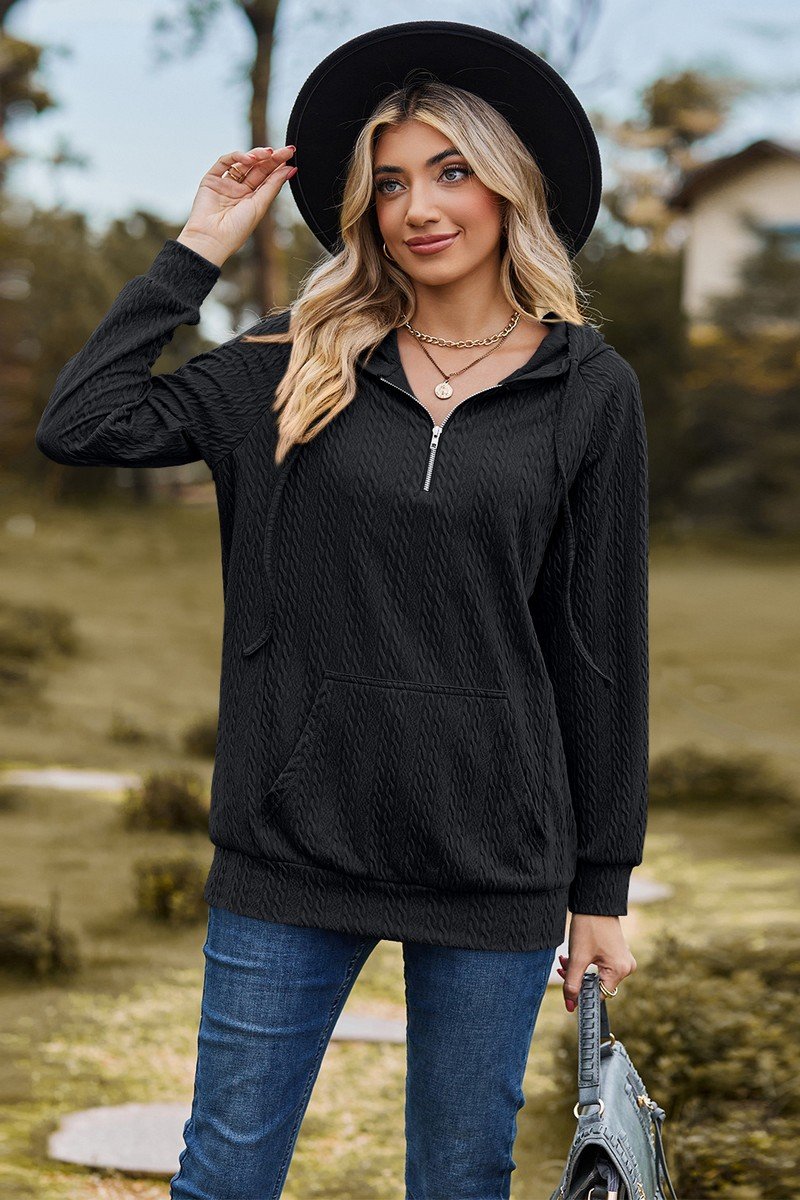 WOMEN LOOSE ZIP UP NECK RIBBED PULLOVER HOODIE