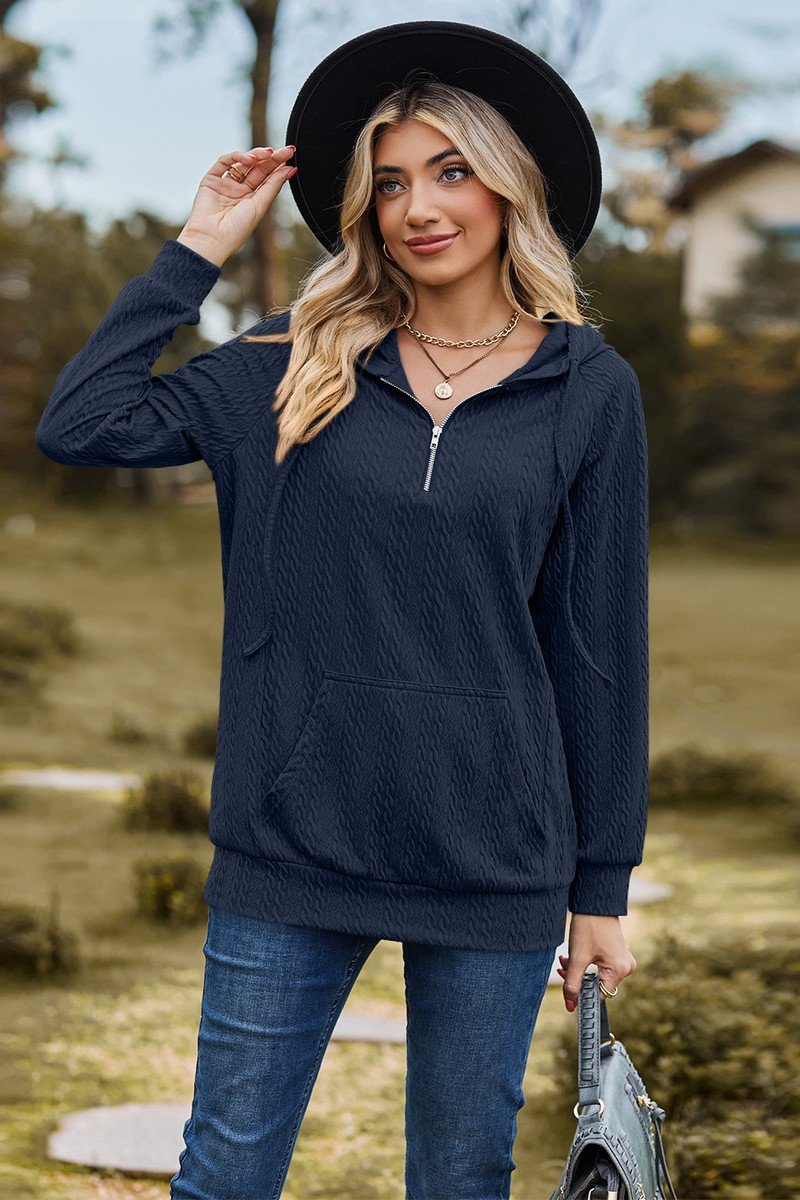 WOMEN LOOSE ZIP UP NECK RIBBED PULLOVER HOODIE