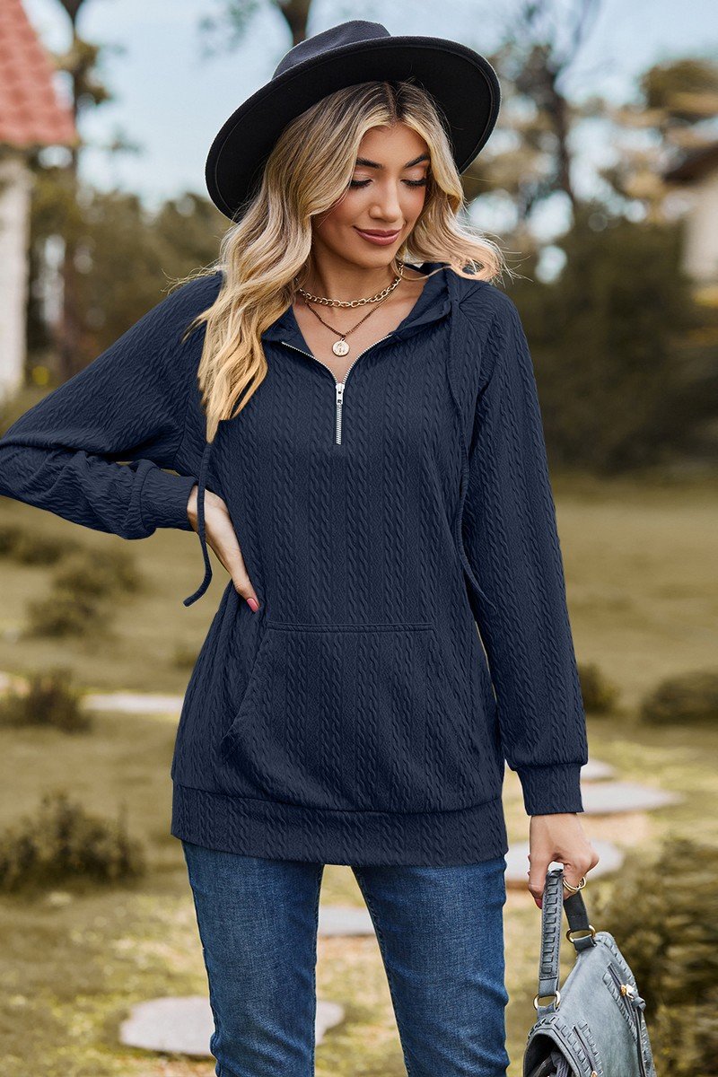 WOMEN LOOSE ZIP UP NECK RIBBED PULLOVER HOODIE