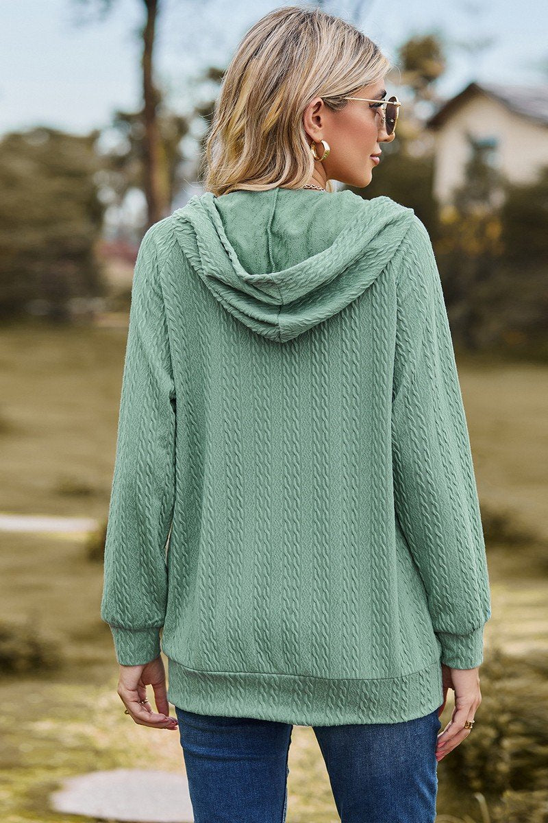 WOMEN LOOSE ZIP UP NECK RIBBED PULLOVER HOODIE