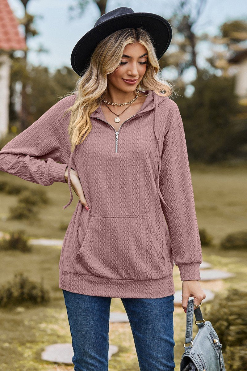 WOMEN LOOSE ZIP UP NECK RIBBED PULLOVER HOODIE