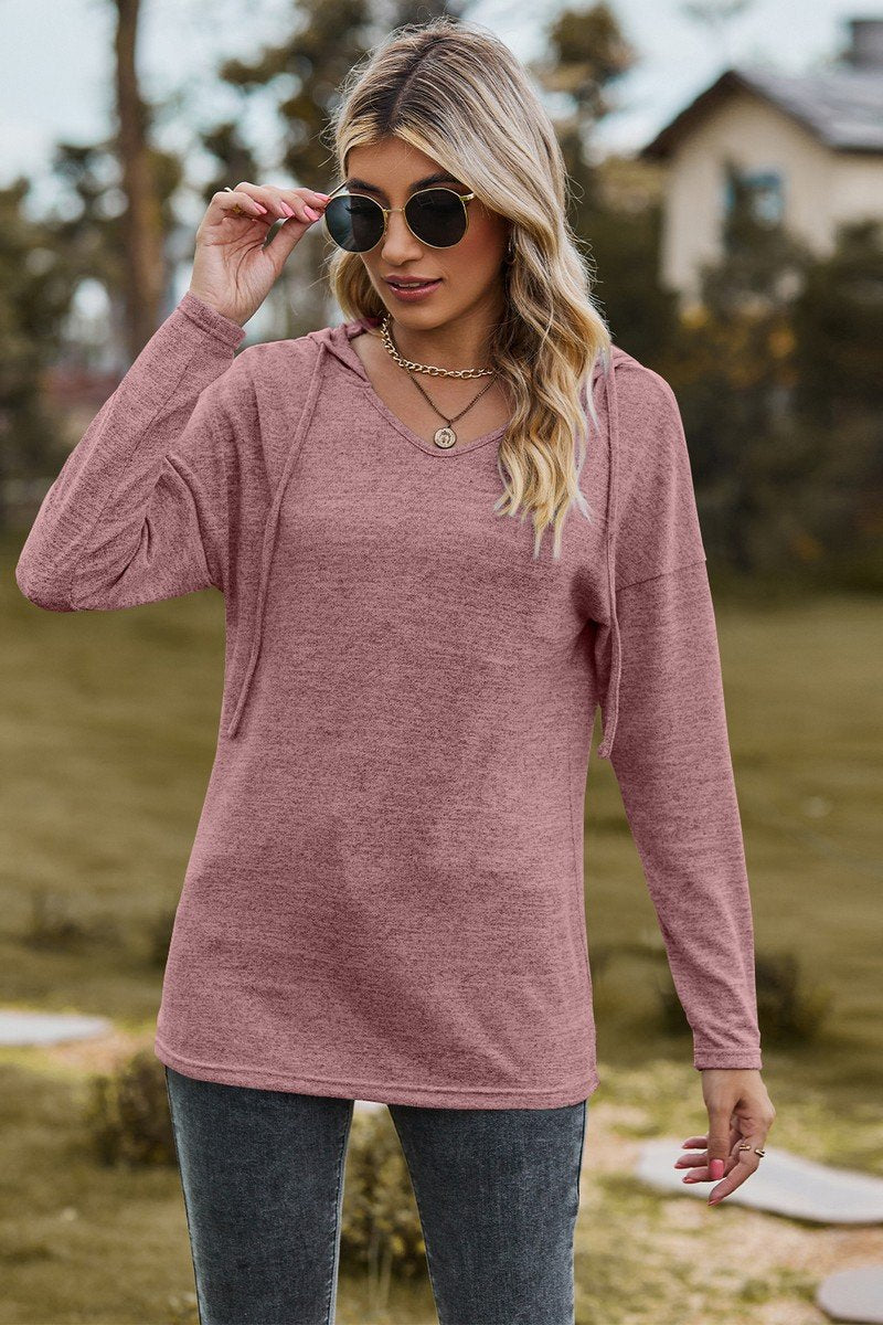 WOMEN SIMPLE BASIC LONG SLEEVE HOODED PULLOVER