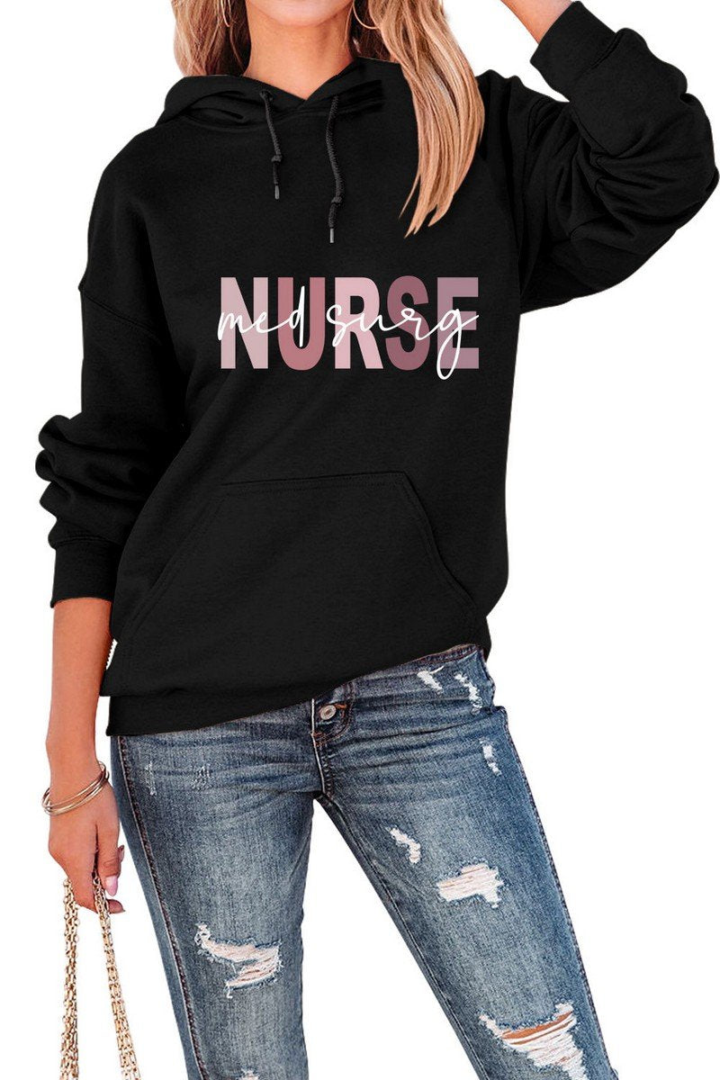 WOMEN NURSE PRINTING CASUAL LOOSE FIT HOODED TOP