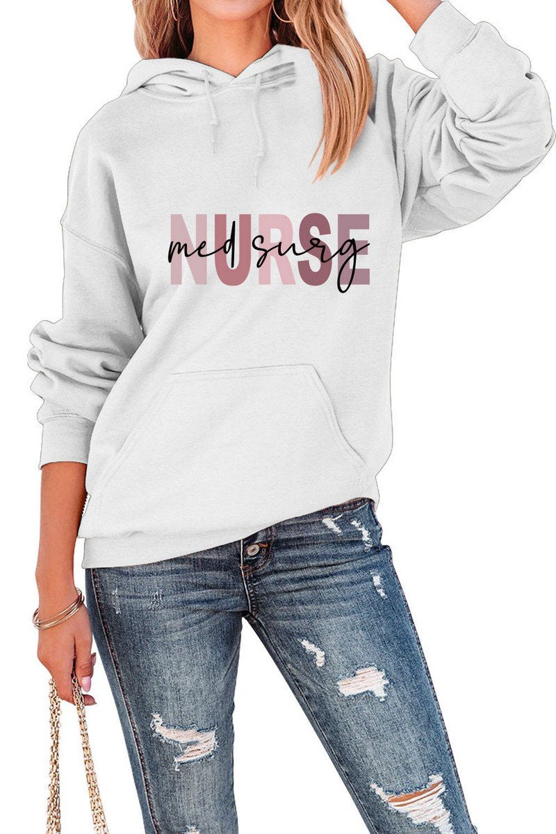 WOMEN NURSE PRINTING CASUAL LOOSE FIT HOODED TOP