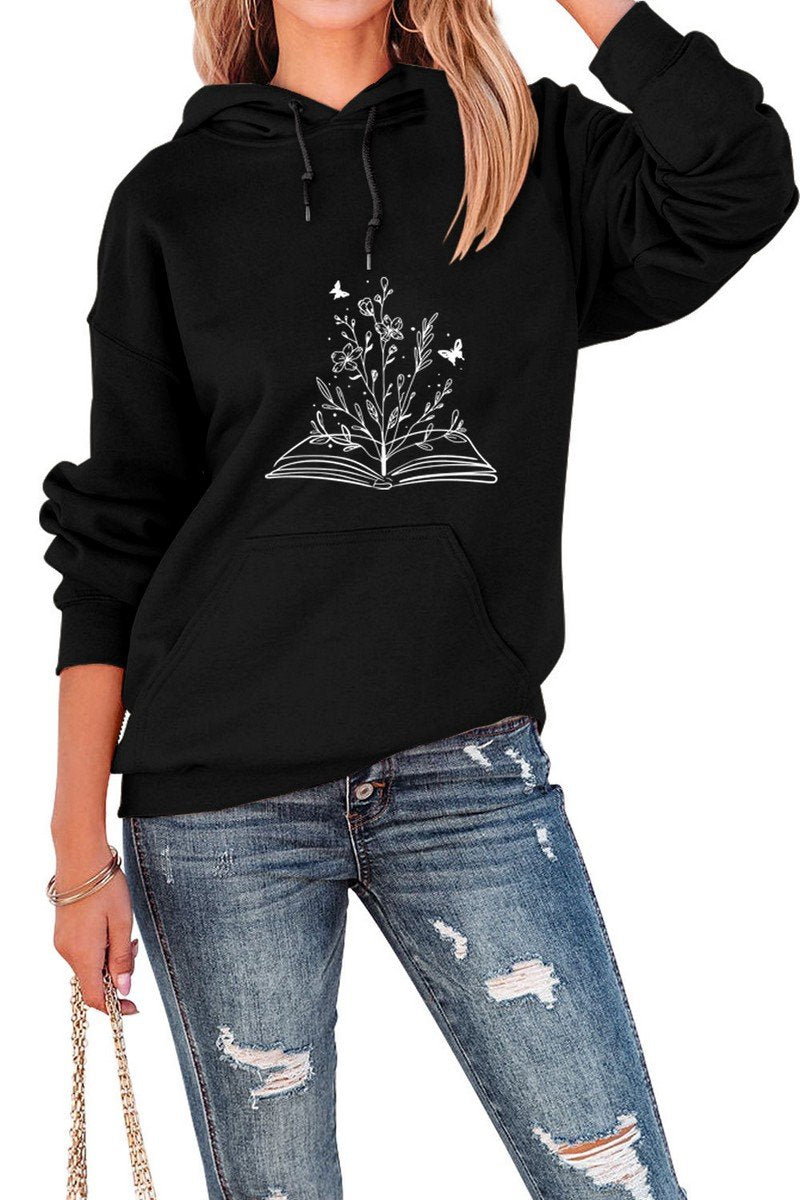 WOMEN PRINTING DRAWSTRING HOODED SWEATSHIRTS