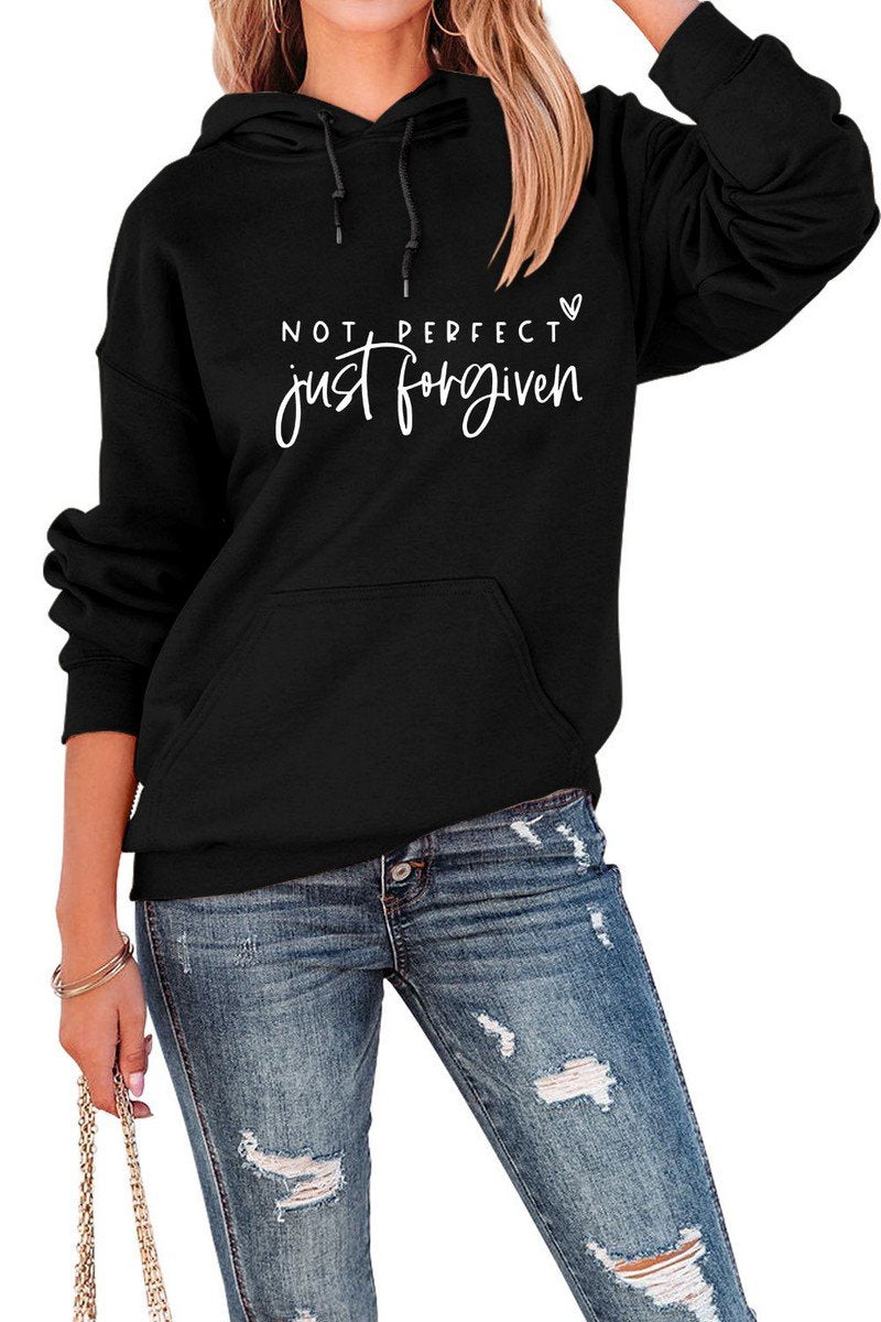 WOMEN LETTER PRINT KANGAROO POCKET LOOSE HOODIE