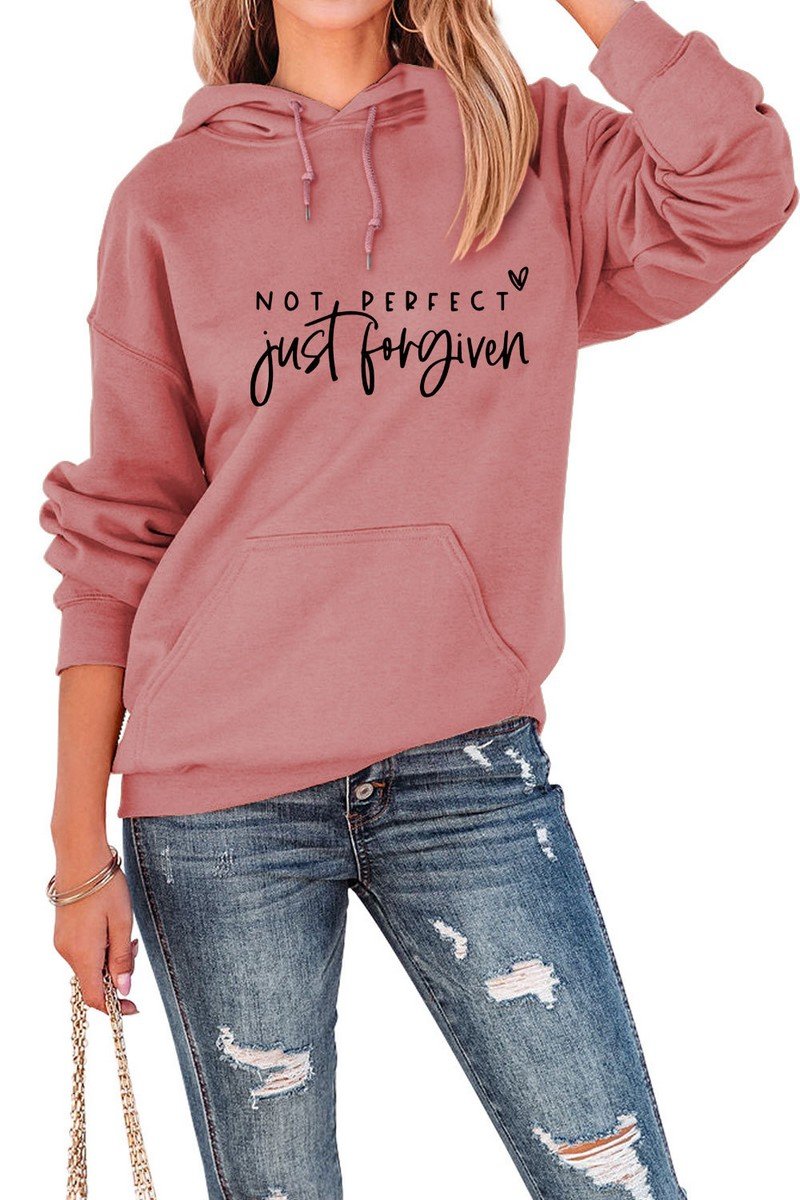 WOMEN LETTER PRINT KANGAROO POCKET LOOSE HOODIE