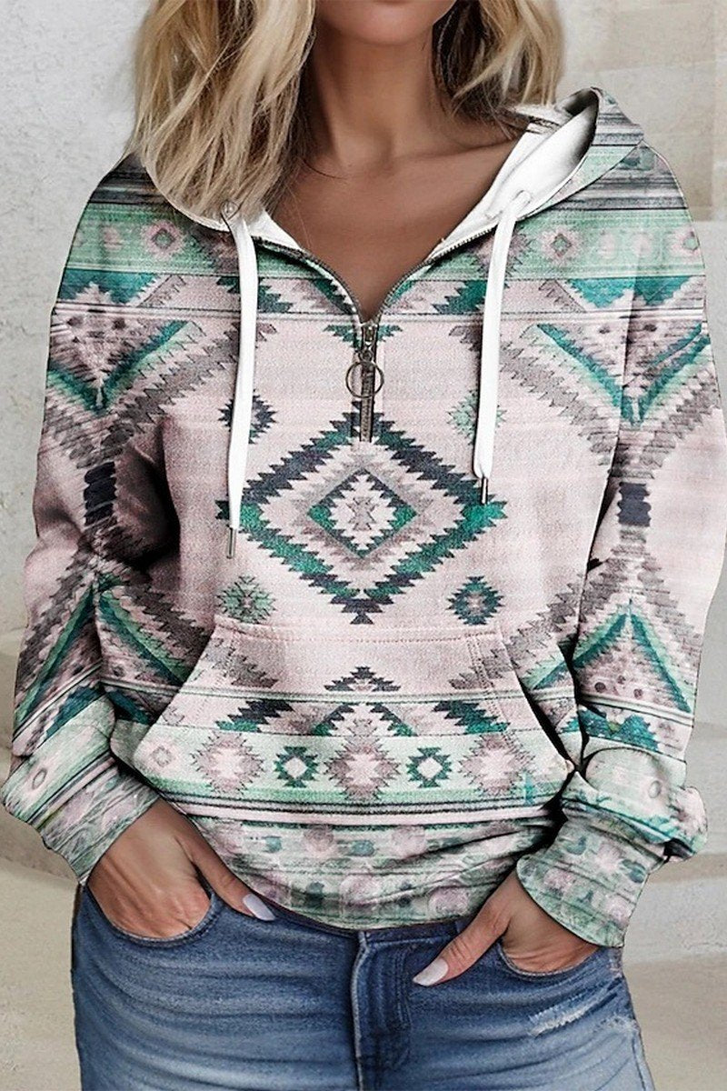 WOMEN HALF ZIP UP NECK AZTEC PATTERN HOODIE