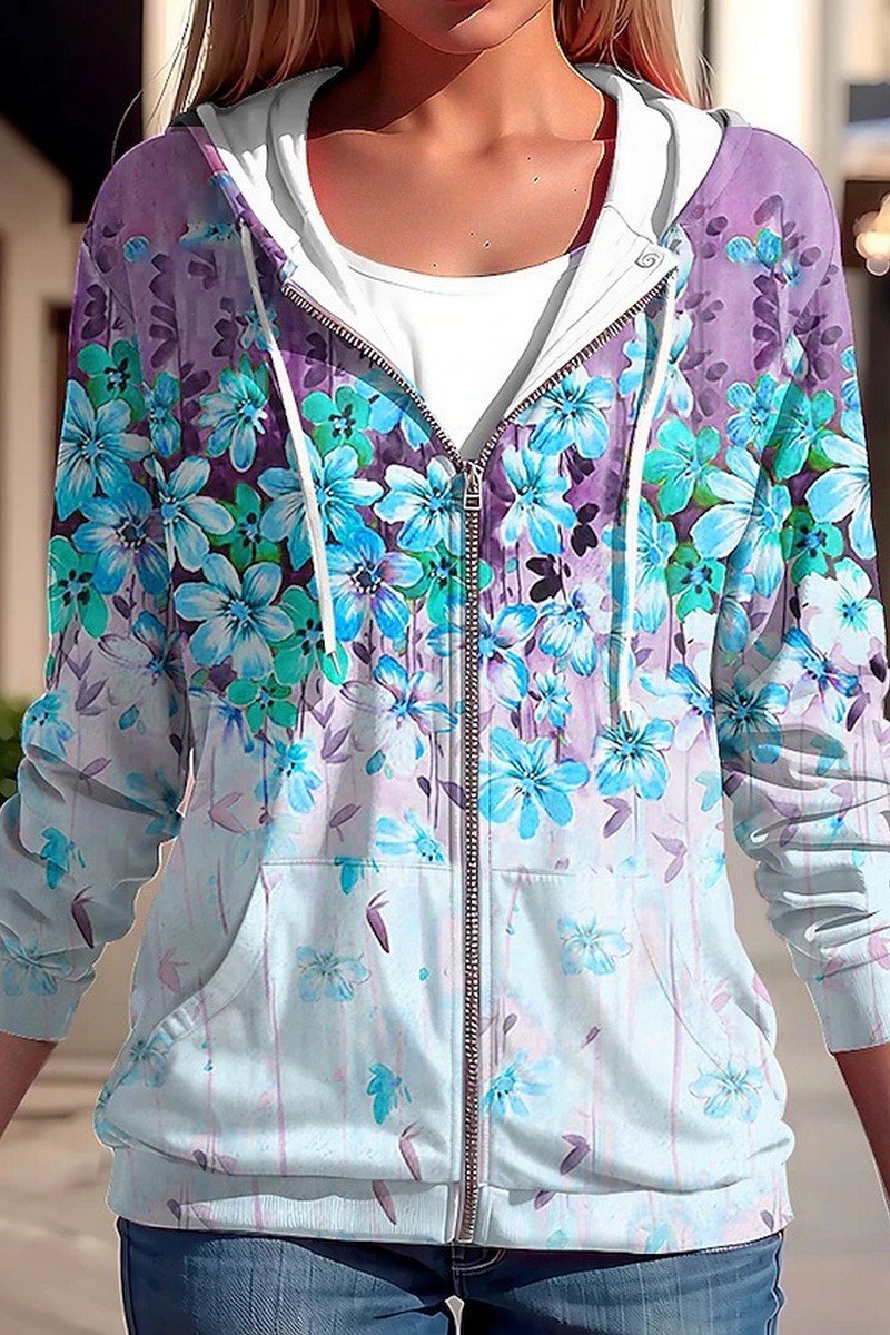 WOMEN FLORAL PRINTING DRAWSTRING ZIP UP HOODIE