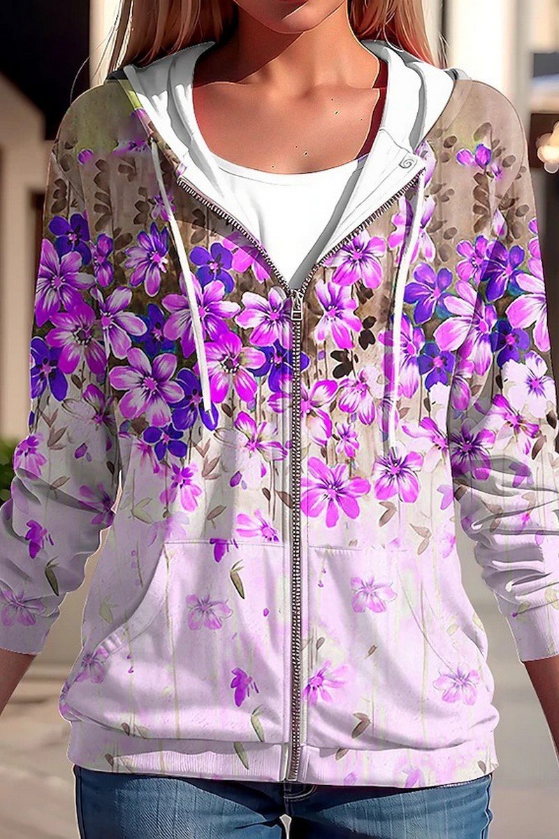 WOMEN FLORAL PRINTING DRAWSTRING ZIP UP HOODIE