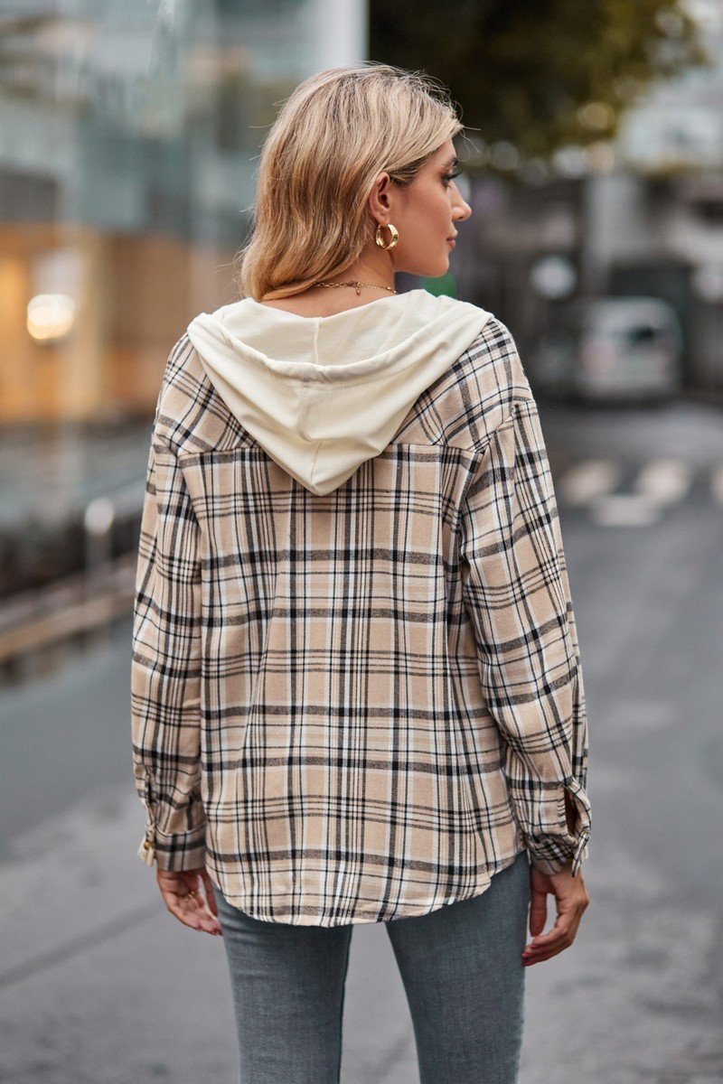 WOMEN PLAID CASUAL BUTTON UP PULLOVER HOODIE