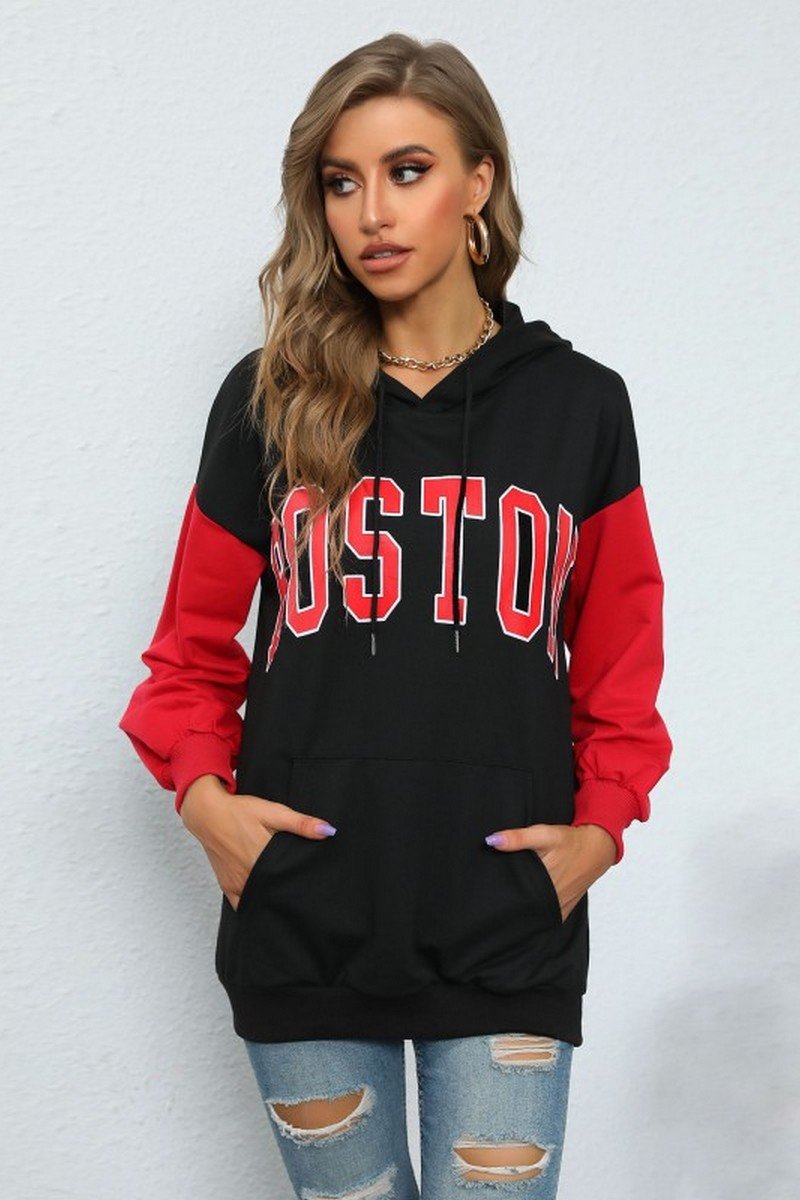 WOMEN LETTER PRINTING LONG SLEEVE CASUAL HOODIE