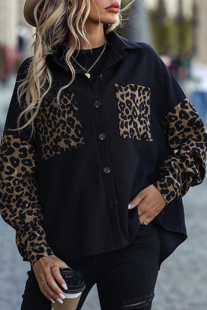 WOMEN LEOPARD PATTERN BLOCKED CASUAL JACKET SHIRT