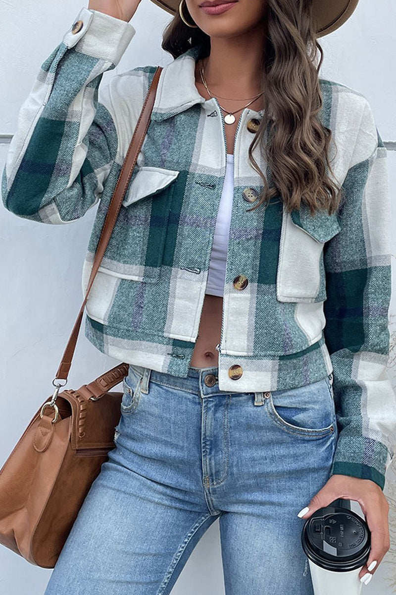 WOMEN PLAID PATTERN BUTTONED CROP JACKET