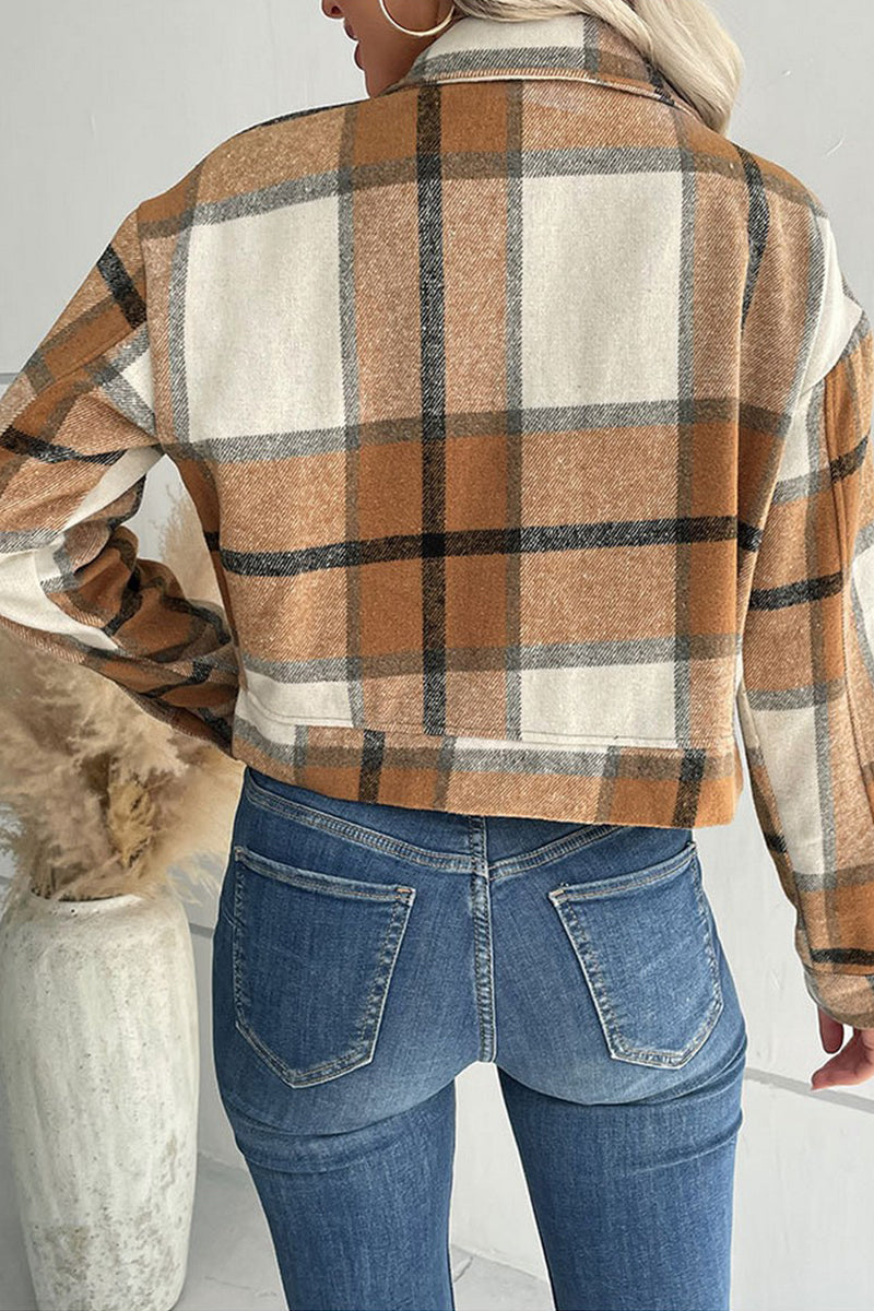 WOMEN PLAID PATTERN BUTTONED CROP JACKET