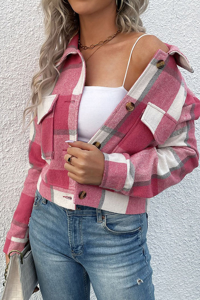 WOMEN PLAID PATTERN BUTTONED CROP JACKET