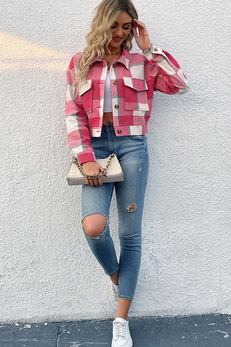 WOMEN PLAID PATTERN BUTTONED CROP JACKET