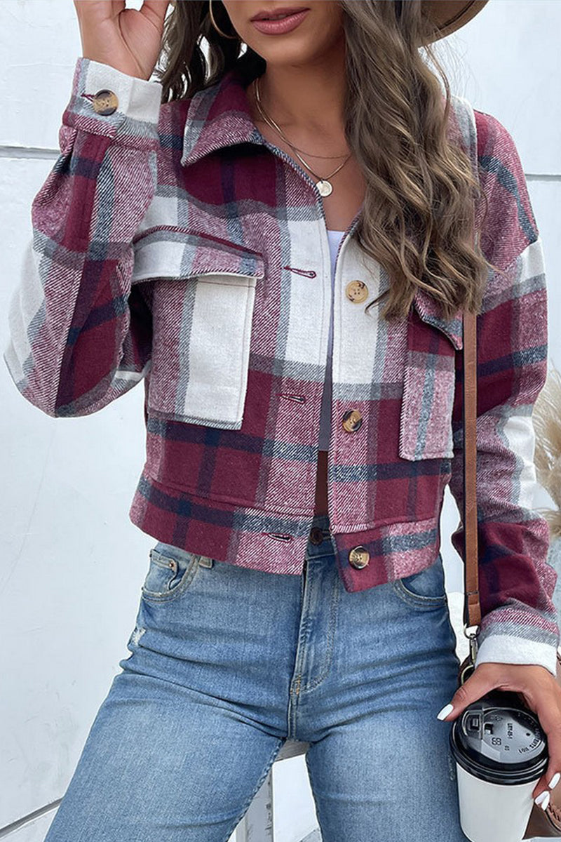 WOMEN PLAID PATTERN BUTTONED CROP JACKET