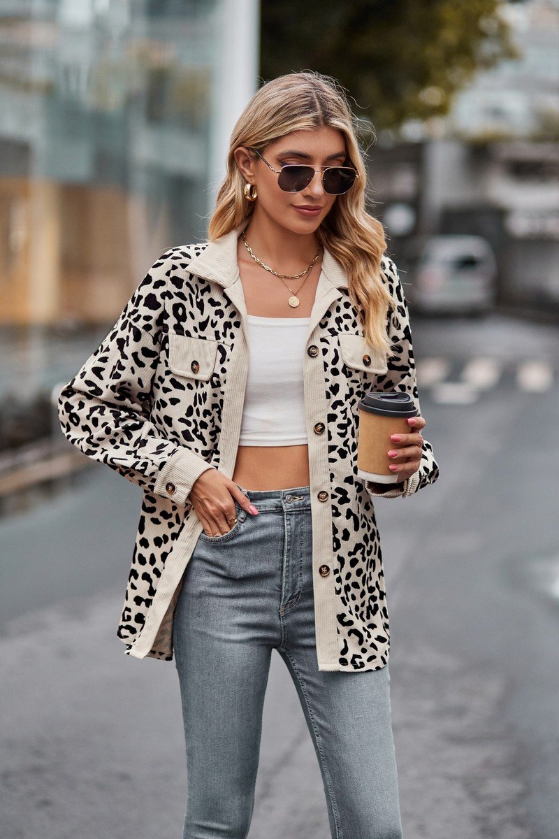 LAPEL LEOPARD SHACKET LONG SLEEVE SHIRT JACKET