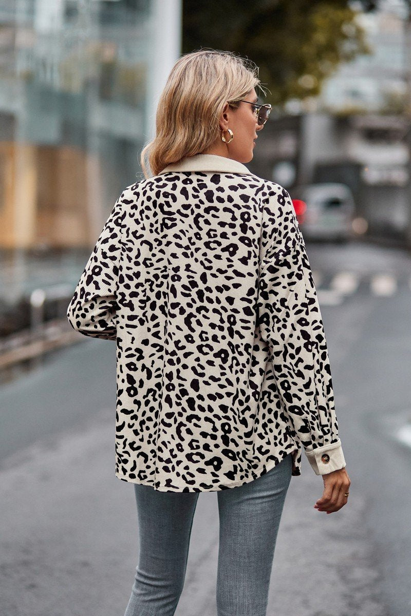 LAPEL LEOPARD SHACKET LONG SLEEVE SHIRT JACKET