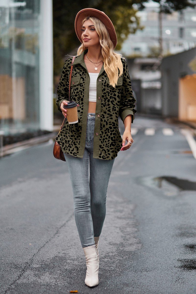 LAPEL LEOPARD SHACKET LONG SLEEVE SHIRT JACKET