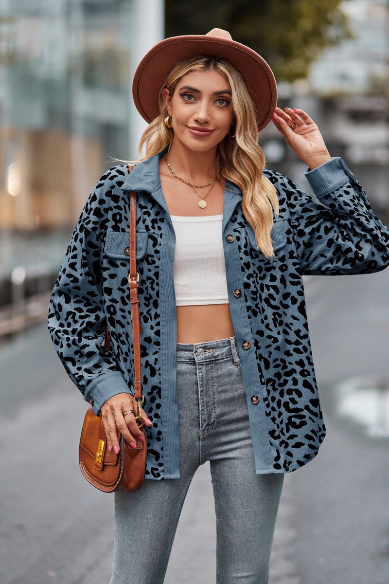 LAPEL LEOPARD SHACKET LONG SLEEVE SHIRT JACKET