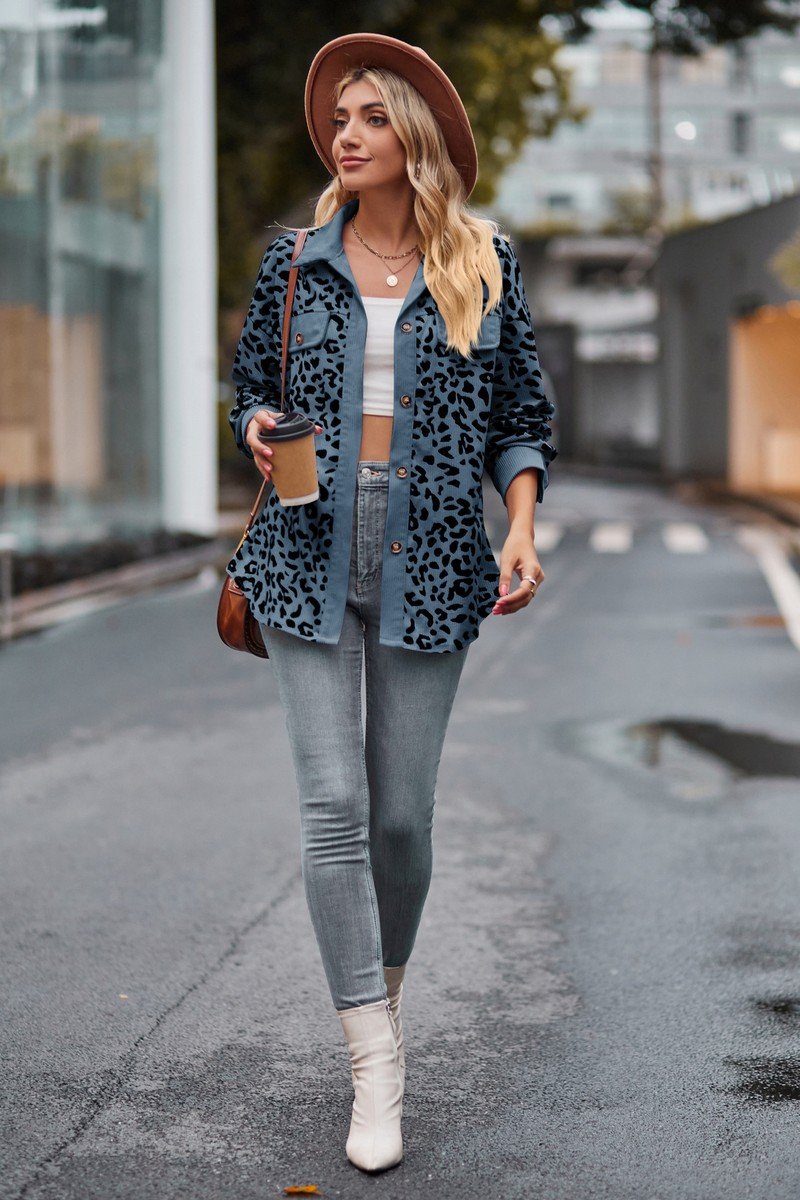 LAPEL LEOPARD SHACKET LONG SLEEVE SHIRT JACKET