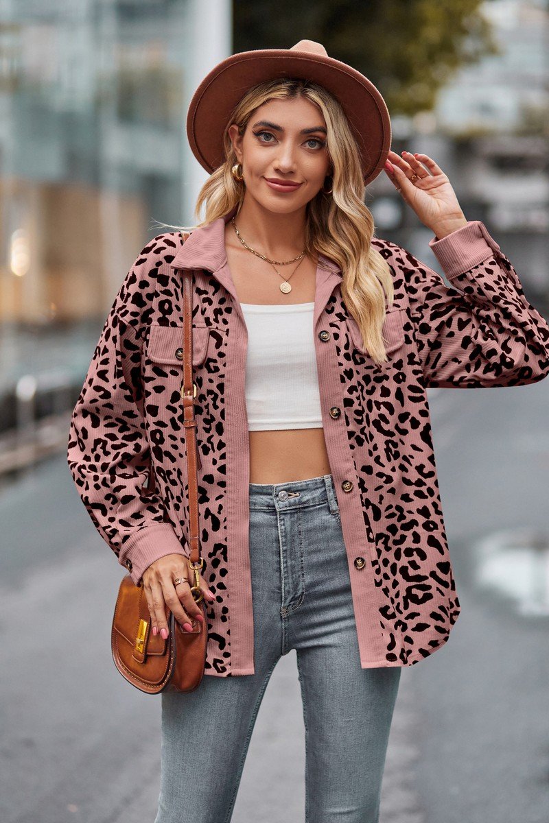 LAPEL LEOPARD SHACKET LONG SLEEVE SHIRT JACKET