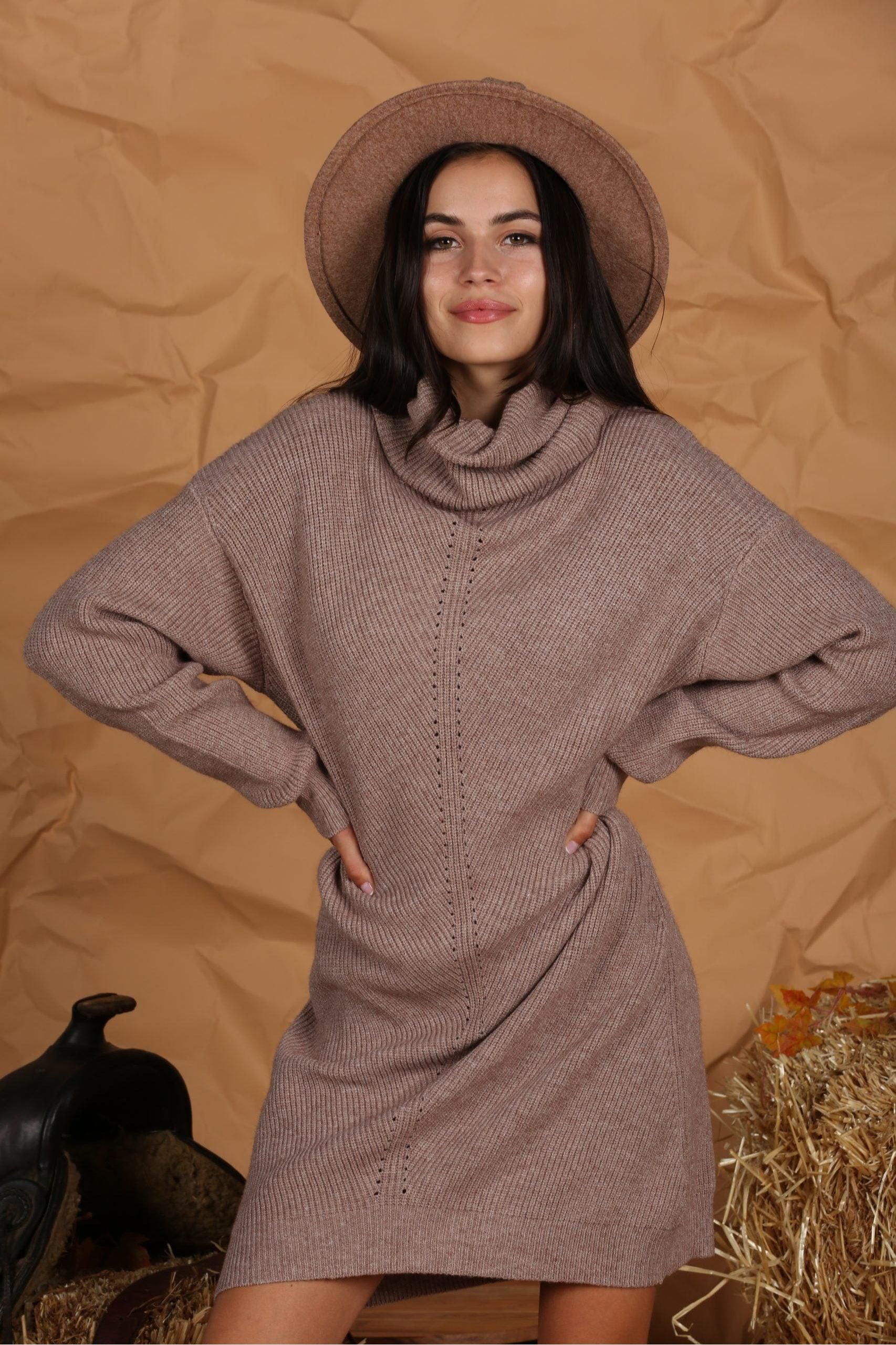 TURTLE NECK MIDI KNIT SWEAT DRESS - Doublju