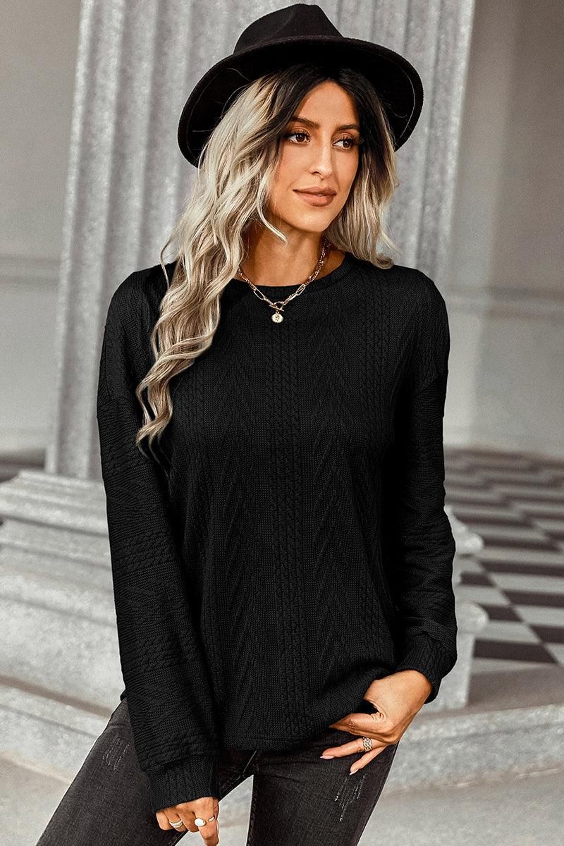 PATTERN KNITTED LONG SLEEVE BASIC SWEATER - Doublju