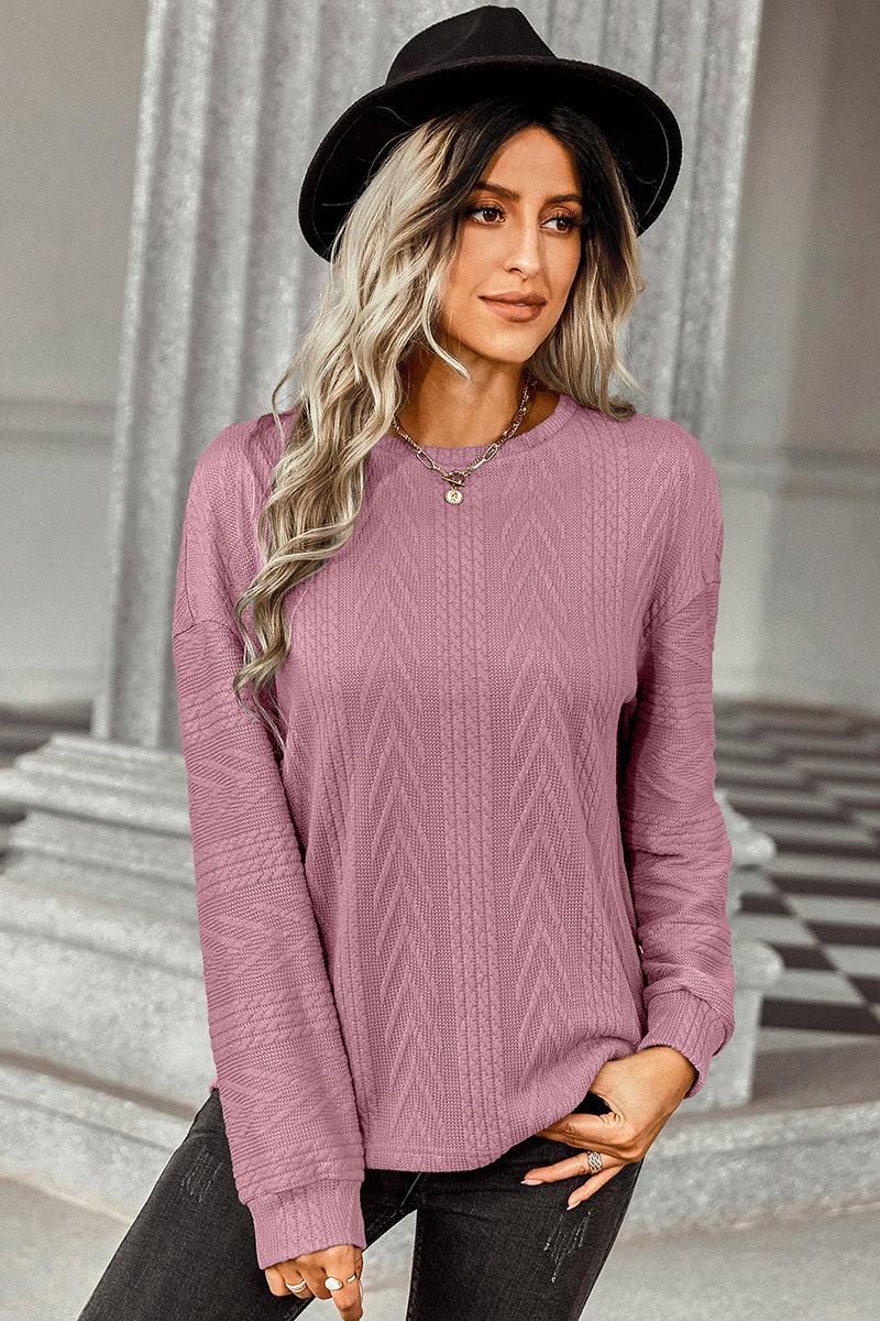 PATTERN KNITTED LONG SLEEVE BASIC SWEATER - Doublju