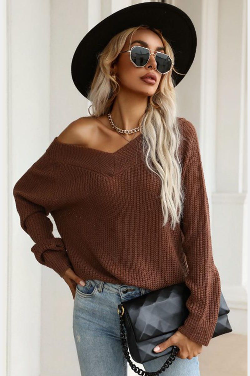 RIBBED V NECK LONG SLEEVE COZY SWEATER - Doublju