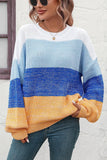 WOMEN RIBBED CREW NECK COLOR BLOCK SWEATER - Doublju