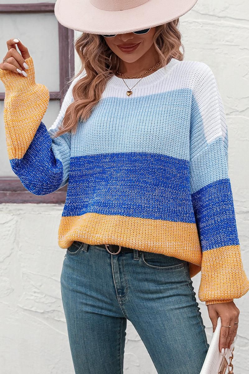 WOMEN RIBBED CREW NECK COLOR BLOCK SWEATER - Doublju