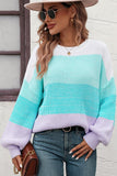 WOMEN RIBBED CREW NECK COLOR BLOCK SWEATER - Doublju