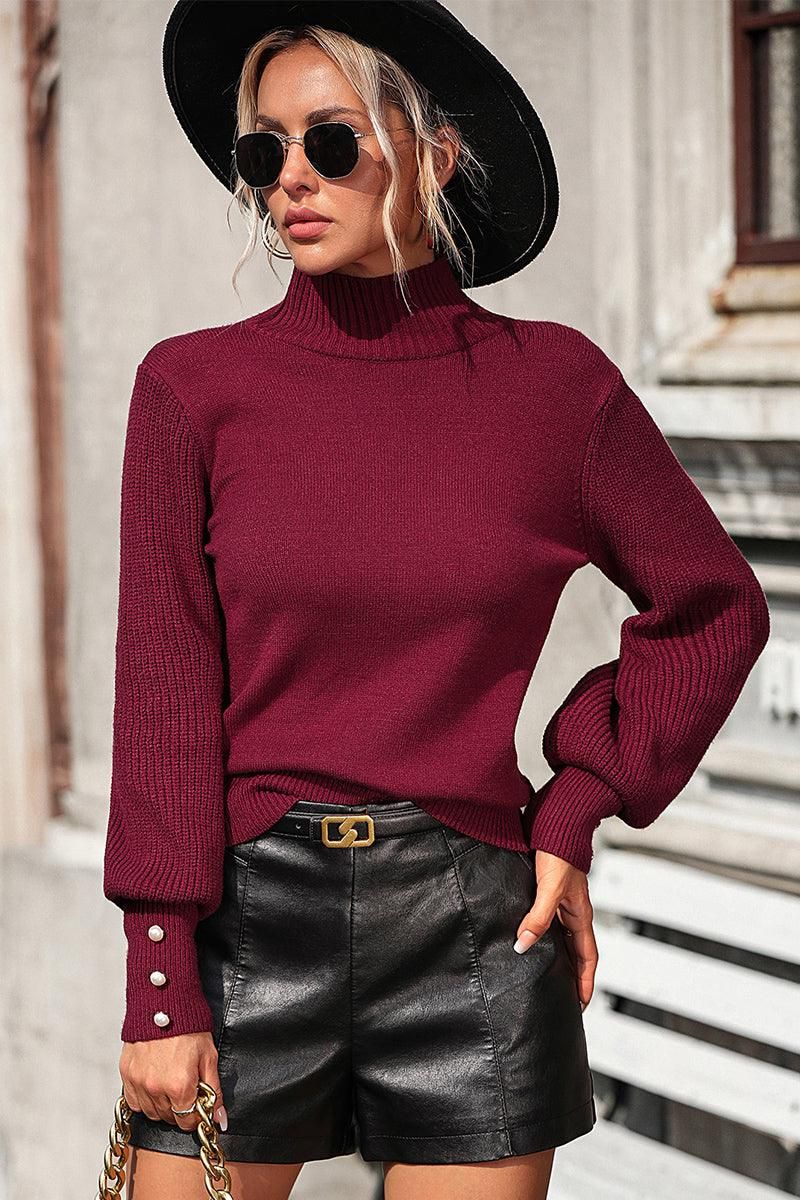 WOMEN TURTLE NECK FITTED RIB SLEEVE KNIT SWEATER - Doublju