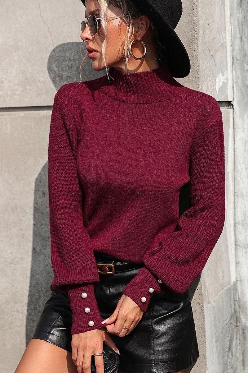 WOMEN TURTLE NECK FITTED RIB SLEEVE KNIT SWEATER - Doublju