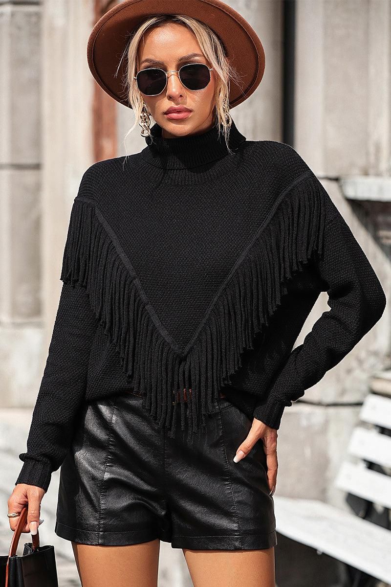 WOMEN TURTLE NECK TASSEL DETAILED SWEATER - Doublju