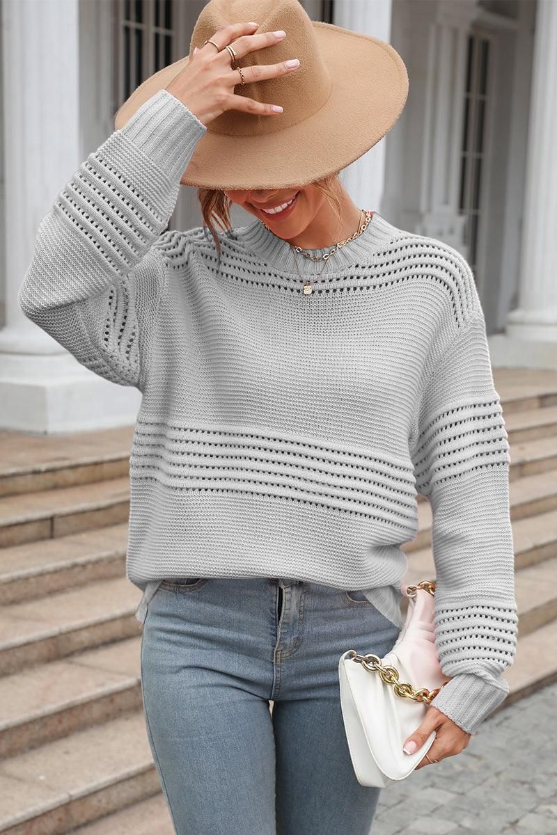 WOMEN RIBBED HOLLOW OUT LINED KNIT SWEATER - Doublju