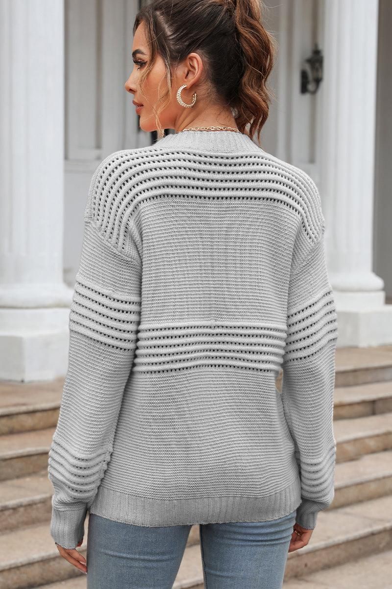 WOMEN RIBBED HOLLOW OUT LINED KNIT SWEATER - Doublju