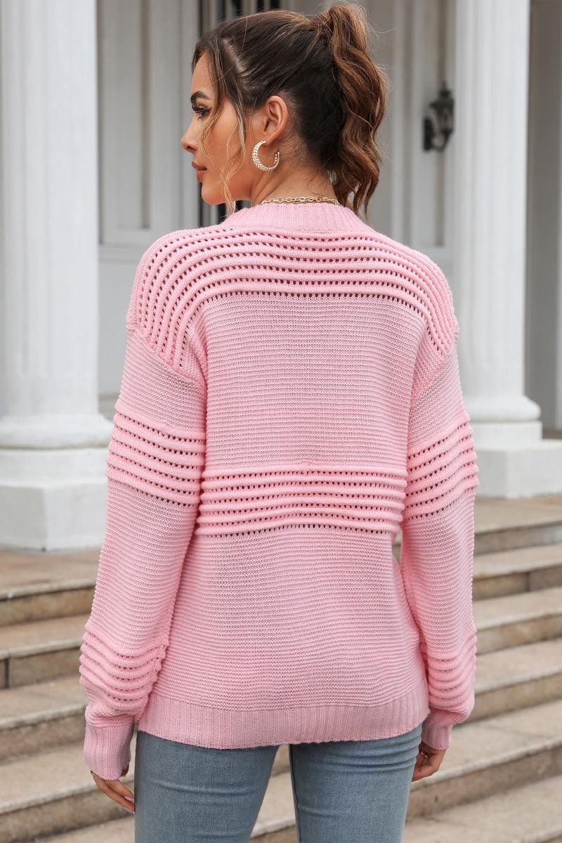 WOMEN RIBBED HOLLOW OUT LINED KNIT SWEATER - Doublju