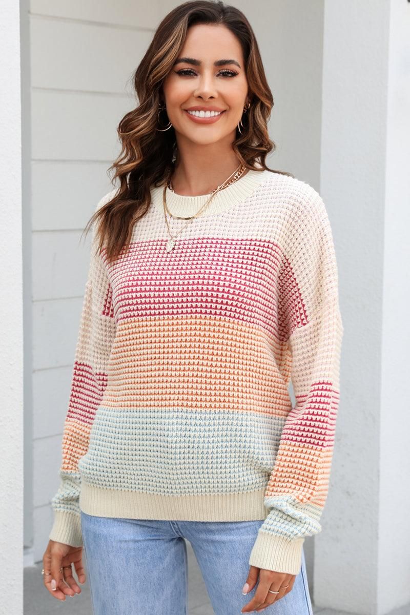 WOMEN WAFFLE KNITTED COLOR BLOCK OVERSIZED SWEATER - Doublju