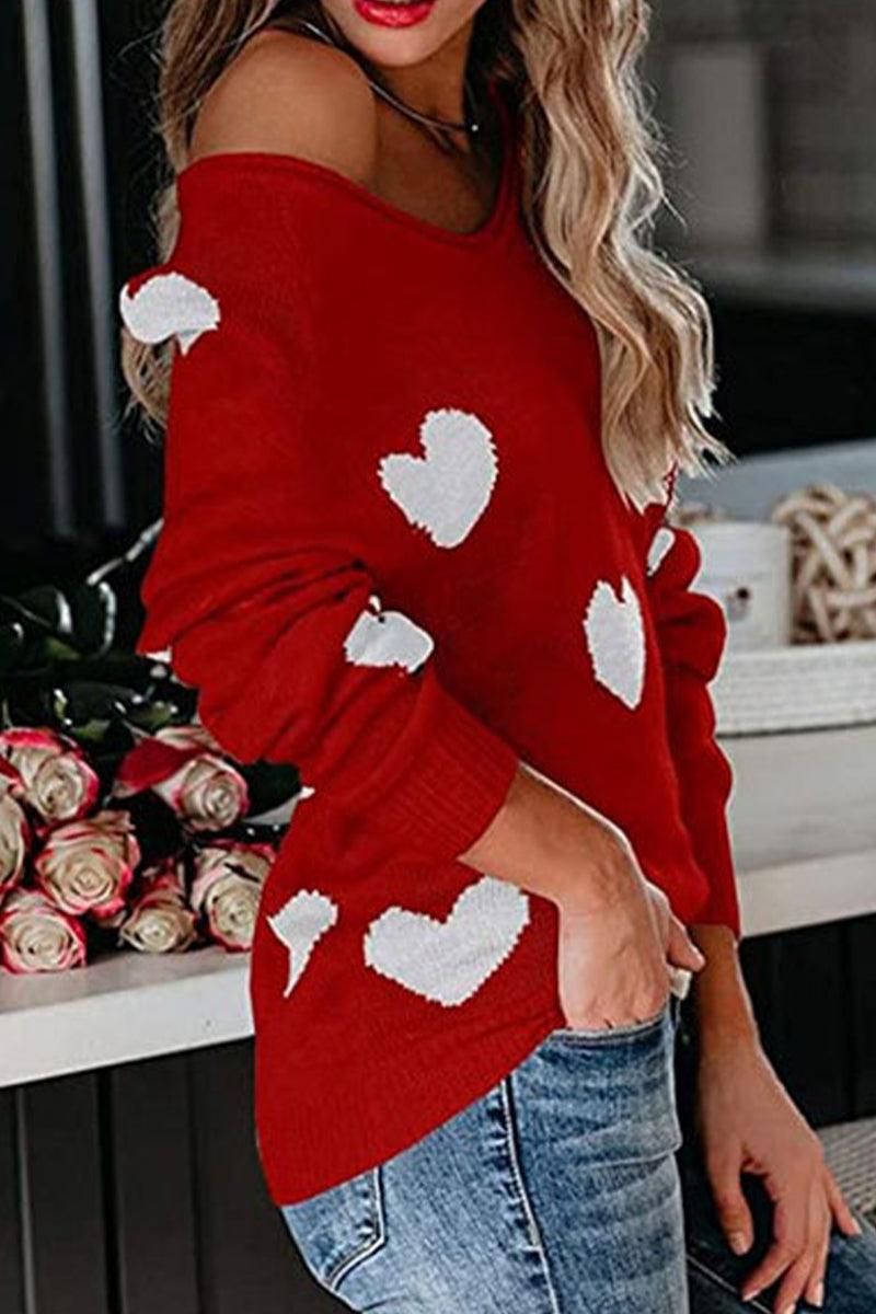 WOMEN HEART PRINTING LOOSE FIT KNIT SWEATER - Doublju