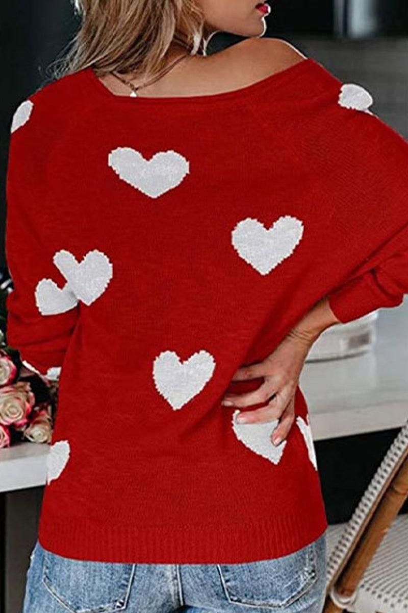 WOMEN HEART PRINTING LOOSE FIT KNIT SWEATER - Doublju