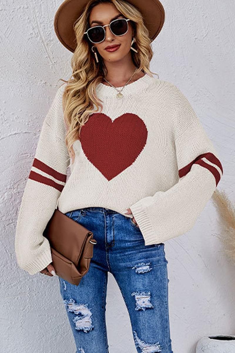 WOMEN OVERSIZED HEART PRINTING RIBBED PULLOVER TOP - Doublju