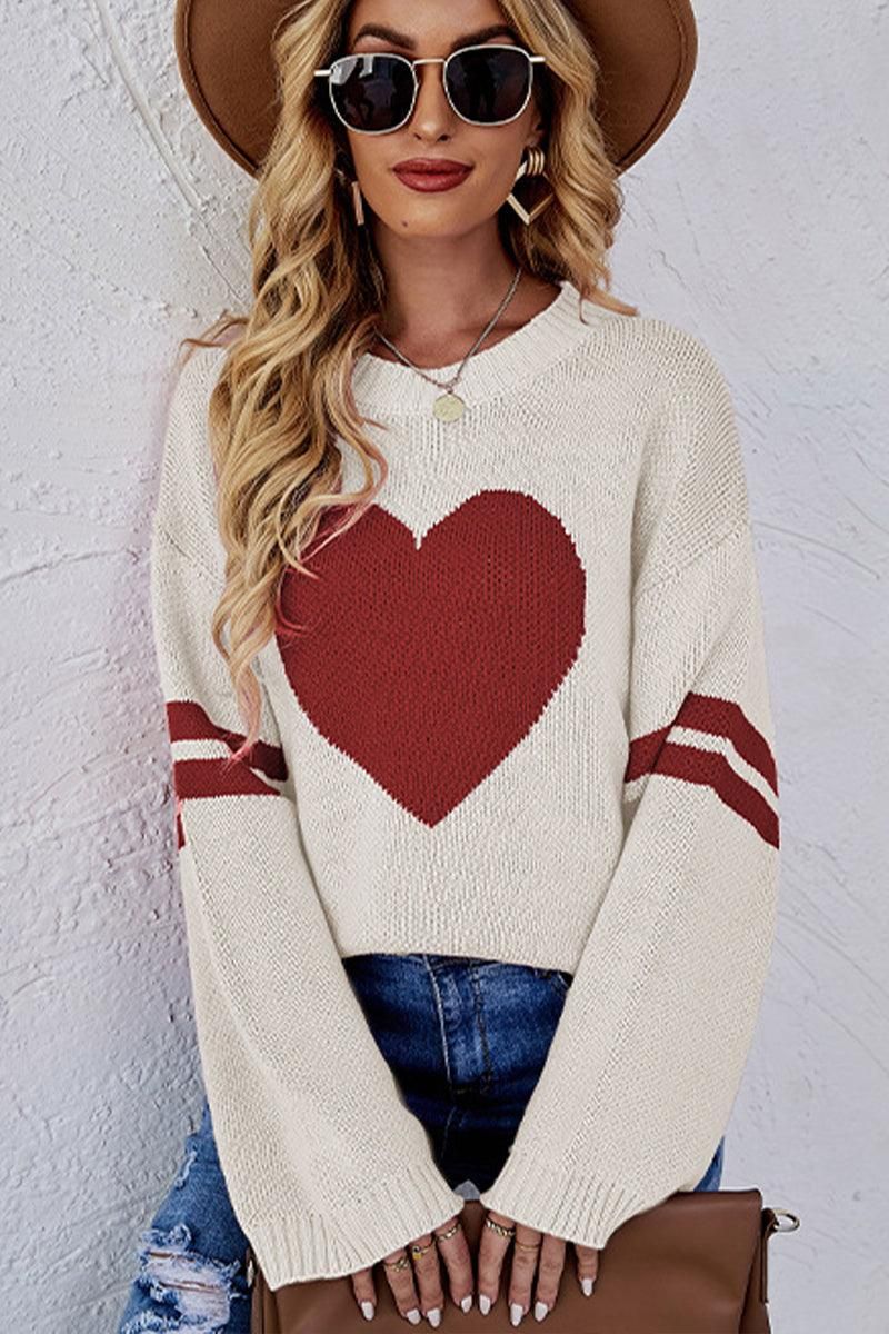 WOMEN OVERSIZED HEART PRINTING RIBBED PULLOVER TOP - Doublju