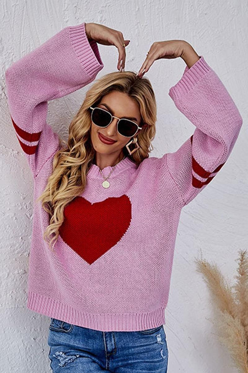 WOMEN OVERSIZED HEART PRINTING RIBBED PULLOVER TOP - Doublju