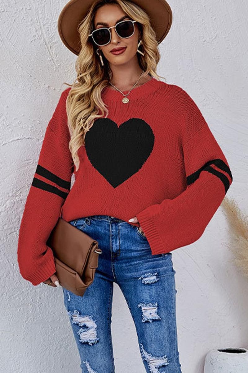 WOMEN OVERSIZED HEART PRINTING RIBBED PULLOVER TOP - Doublju