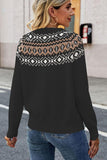 WOMEN BOHEMIAN PATTERNED RIBBED NECK PULLOVER - Doublju